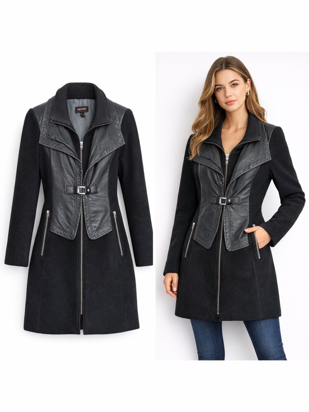 DANIER Black Genuine Leather and Wool Blend Coat Jacket